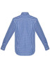 A back view of a men's long sleeve shirt in blue and white gingham check pattern, featuring a collar and button cuffs.