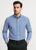 A men's long sleeve button-up shirt in blue and white gingham check pattern, featuring a collar and a logo.