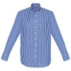 A blue and white checked long sleeve button-up shirt with a collar and cuffs, featuring branding on the chest.
