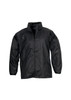 A black unisex rain jacket with a zip front and elastic cuffs. The jacket features a branding logo.