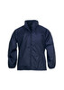 A navy unisex spinnaker jacket with long sleeves and a zip front, featuring a logo on the chest.