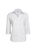 A white women's 3/4 sleeve button-up shirt with a collar and a branded label.