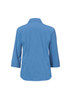 A women's 3/4 sleeve shirt in a light blue shade, featuring a button-up design and a branding logo.