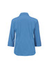 A women's button-up shirt in a solid blue colour with 3/4 sleeves and a collared neckline, featuring a logo.