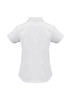 A white women's short sleeve button-up shirt with a collar and a logo on the back.
