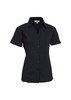 A black short sleeve button-up shirt with a collared neck and a logo on the design.
