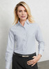 A light blue long sleeve button-up shirt for women, featuring a collar and fitted silhouette. It has a logo on it.