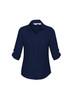 A navy blue women's button-up shirt featuring a collared neckline and roll-up sleeves. It has two chest pockets and branding.