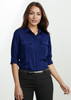 A women's long sleeve button-up shirt in navy blue with two front pockets and rolled sleeves.