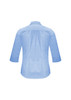 A women's blue 3/4 sleeve button-up shirt featuring a back pleat design and a logo.