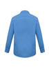 A light blue long sleeve button-up shirt featuring a back view and cuff details. It includes a logo.