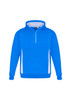 A blue hoodie with a half-zip front, featuring white side panels and a logo.