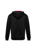 A black hoodie with a red interior and a hood, featuring a logo on the back.
