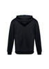 A black hoodie with a blue interior, featuring a hood and ribbed cuffs. Includes a logo on the design.