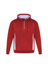 A unisex hoodie in burgundy with white side panels and a front zipper. It features a hood and a branded logo.