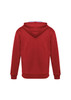 A red hoodie with a hood, featuring a plain back design and ribbed cuffs. It includes a logo.