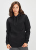 A black women's crew hoodie with a front pocket and a hood, featuring a logo on the front.