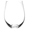 A stemless wine glass in clear glass, featuring a smooth, elegant design with a round base.