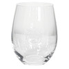 A stemless wine glass in clear glass, featuring an engraved logo or branding design.