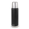 A drink bottle with a matte black finish and silver top, featuring a logo.