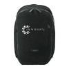 A black backpack with a logo on the front, featuring a sleek design and multiple compartments.