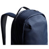 A navy blue backpack with a textured surface and adjustable shoulder straps, featuring a logo on the side.