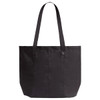 A black tote bag with two long handles and a simple design, featuring a small branding logo.