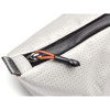 A grey cooler bag with a textured surface and a black zipper, featuring an orange pull tab. It has a logo on it.