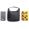 A black cooler bag with a grey handle, accompanied by a grey ice block and a yellow bottle holder with six compartments.