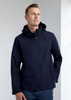 A navy blue rain jacket designed for men, featuring a hood and a zippered front, with pockets and branding.