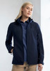 A navy women's jacket featuring a hood and multiple zippered pockets, with a branding logo visible.