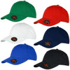 A collection of six caps in green, red, white, navy, blue, and black, each with a round logo on the front.