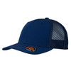 A navy blue trucker cap featuring a mesh back and a logo on the front.