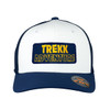 A white and navy trucker cap featuring an embroidered patch with the words "TREKK ADVENTURE" and a logo.