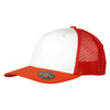 A red and white trucker cap featuring a mesh back and a circular logo on the front.