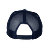 A navy blue trucker cap featuring a mesh back and an adjustable strap. It has a logo on the side.