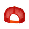 A red trucker cap featuring a mesh back and an adjustable snap closure. It has a logo on the front.