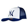 A white and navy blue trucker cap with a mesh back and a logo.