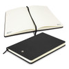 A black A5 notebook with lined pages, featuring an elastic band and a logo on the cover.