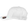 A white mesh flex cap featuring a curved brim and a branded logo on the front.