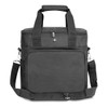 A black cooler bag featuring sturdy handles, a shoulder strap, and a front pocket with a logo.