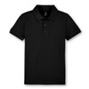 A black polo shirt featuring a collar and three buttons, with a logo on the label.