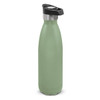A drink bottle in a muted green colour, featuring a push-button lid and a stainless steel finish. It has a logo.