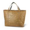A large brown cooler bag with grey handles, featuring a front pocket and a textured finish.