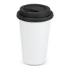 A double wall coffee cup in white with a black lid, featuring a logo.