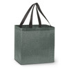A grey tote bag with black handles, featuring a square shape and a textured design. It has a logo on one side.