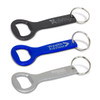 A drink bottle opener key ring set featuring black, blue, and silver colours, each with a separate ring and logo.
