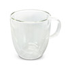 A double wall glass cup in clear glass with a handle, designed for reusable coffee or hot beverages.