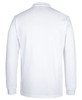 A white long-sleeve polo shirt with a collar, featuring a logo on the back.