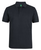 A black polo shirt with a collar and a logo, featuring short sleeves and a classic fit.